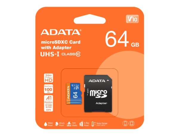 ADATA | microSDXC mälukaart 64GB | Class 10 adapteriga | AUSDX64GUICL10A1-RA1