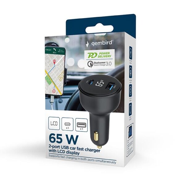 Gembird autolaadija USB 2-port TA-UC-AC2PD30LCD-CAR01