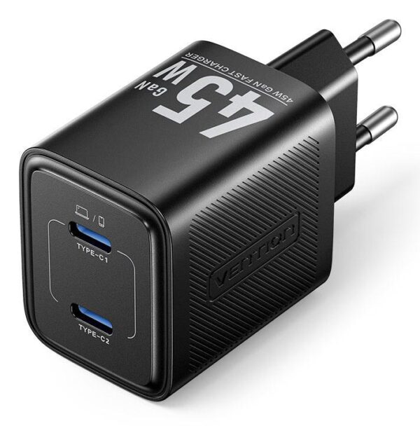 Vention seinlaadija 45W USB-C 2-port must FEFB0-EU