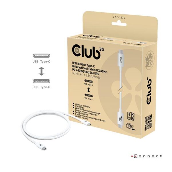 Club 3D | USB-C to USB-C kaabel | CAC-1572 | 1.2m | Valge