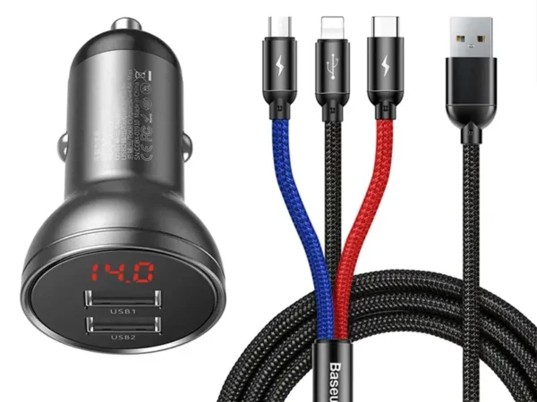 17293_2 Baseus auto laadija ekraaniga 24W + kaabel USB 3in1 Baseus Kolm Peamist Värvi 1,2m