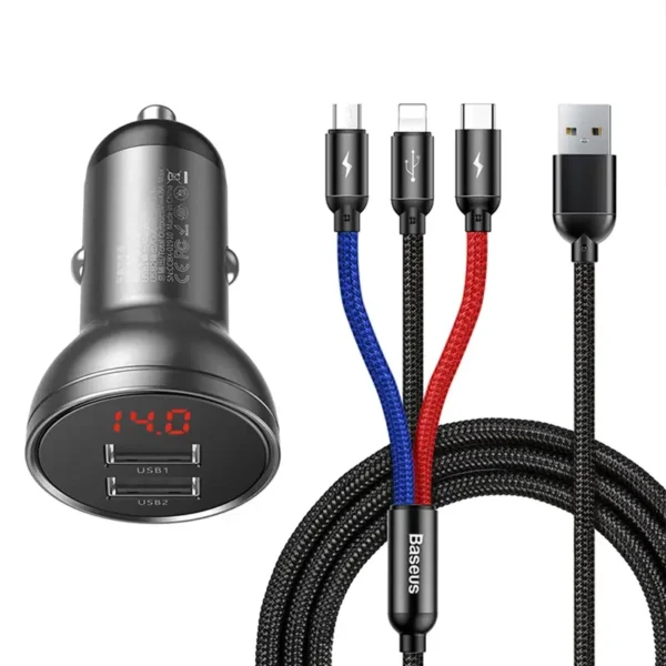 17293_2 Baseus auto laadija ekraaniga 24W + kaabel USB 3in1 Baseus Kolm Peamist Värvi 1,2m