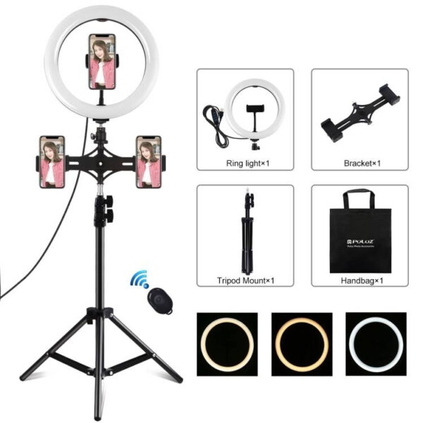 19852_1 Tripod Mount Puluz koos 26cm LED Ringiga Vlogging 1,1m PKT3070B
