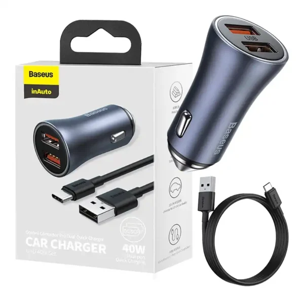 20208_1 Baseus autolaadija 2x USB 40W kaabliga 1m must hall