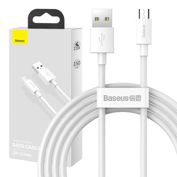 Baseus Simple Wisdom andmesidekaabli komplekt USB to Micro 2.1A (2tk/komplekt) 1.5m valge