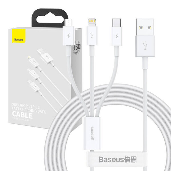 USB kaabel 3in1 Baseus Superior Series, USB micro USB / USB-C / Lightning, 3.5A, 1.5m (valge)
