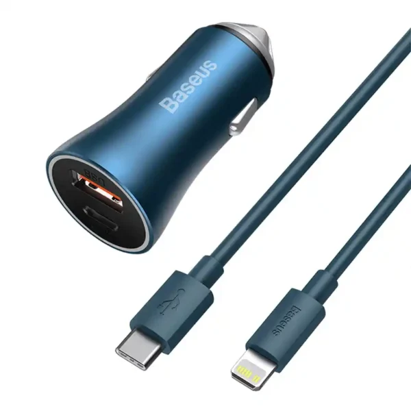Baseus autolaadija USB USB-C 40W PD QC4 Lightning kaabel 1m sinine