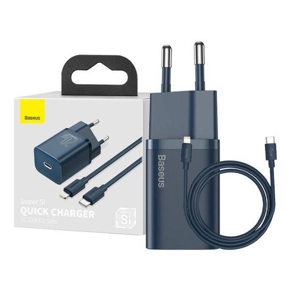 Baseus Super Si Kiirlaadija 1C 20W USB-C kaabliga Lightning 1m (sinine)