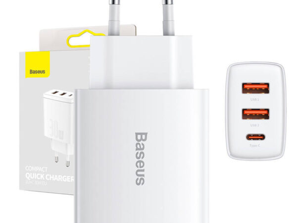 21668_3 Baseus Compact Quick Charger, 2xUSB, USB-C, PD, 3A, 30W (valge)