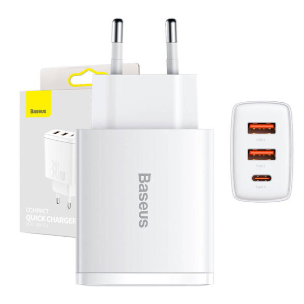 Baseus Compact Quick Charger, 2xUSB, USB-C, PD, 3A, 30W (valge)