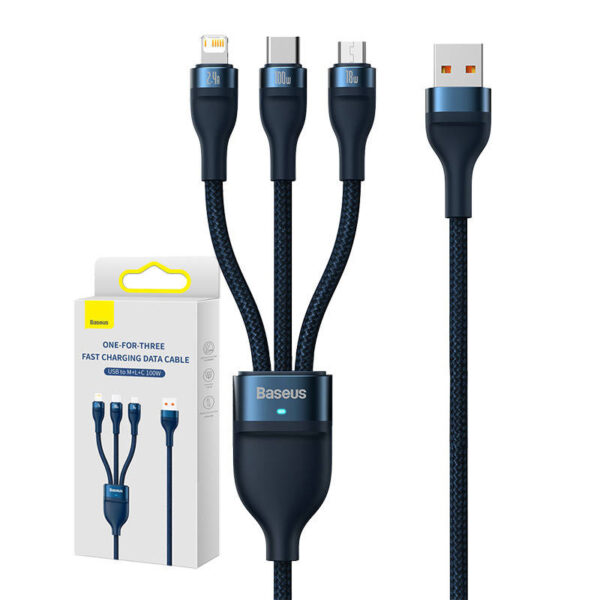 24320_8 3in1 USB kaabel Baseus Flash Series, USB-C + micro USB + Lightning, 100W, 1.2m (sinine)