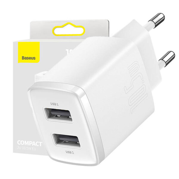 Baseus Compact Quick Charger, 2x USB, 10.5W (valge)