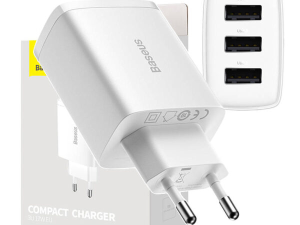 24325_1 Baseus Compact Quick Charger, 3x USB, 17W (Valge)
