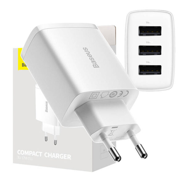 Baseus Compact Quick Charger, 3x USB, 17W (Valge)