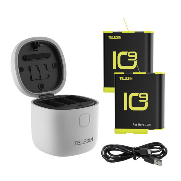 Allin box Telesin veekindel kolme kanaliga laadija + 2 akut GoPro Hero 12 / Hero 11 / Hero 10 / Hero 9 (GP-BTR-905-GY-B)