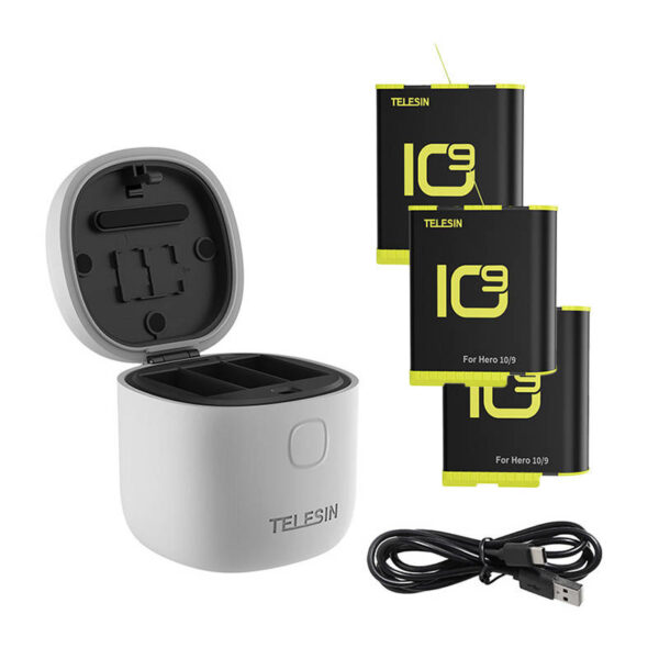 3-slot veekindel laadija Telesin Allin kast GoPro Hero 9 / Hero 10 / Hero 11 / Hero 12 + 3 akut (GP-BTR-906-GY-B)