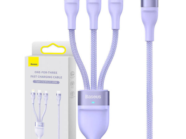 Kabel USB 3w1 Baseus Flash Series 2, USB-C + micro USB + Lightning, 100W, 1.5m (lilla)