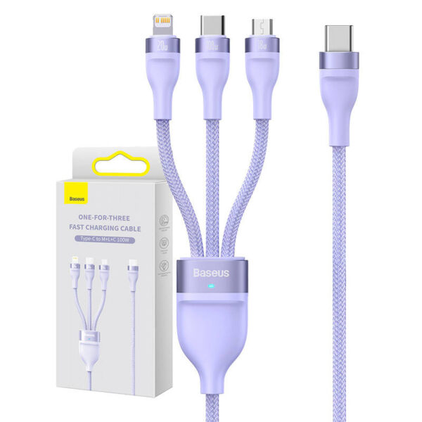 25250_6 Kabel USB 3w1 Baseus Flash Series 2, USB-C + micro USB + Lightning, 100W, 1.5m (lilla)