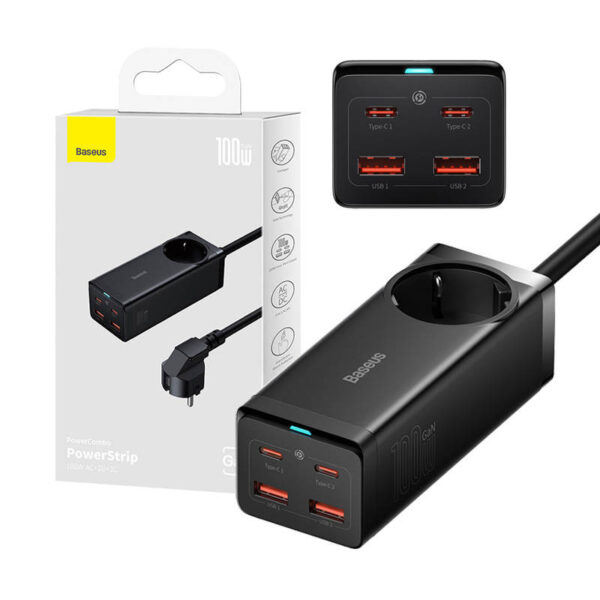 26913_10 Baseus GaN3 Pro seinalaadija / toitejaotur 2xUSB + 2xUSB-C + AC, 100W (must)