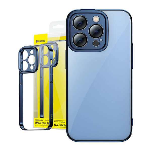 27071_7 Baseus Glitter läbipaistev kaitseümbris ja karastatud klaasi komplekt iPhone 14 Pro Max jaoks (sinine)