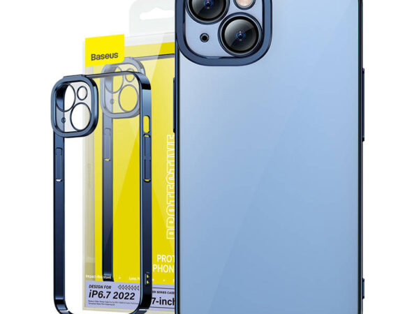 Baseus Glitter Transparent Case ja karastatud klaasi komplekt iPhone 14 Plus jaoks (sinine)