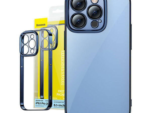 27073_7 Baseus Glitteri läbipaistev kaitseümbris ja karastatud klaasi komplekt iPhone 14 Pro jaoks (sinine)