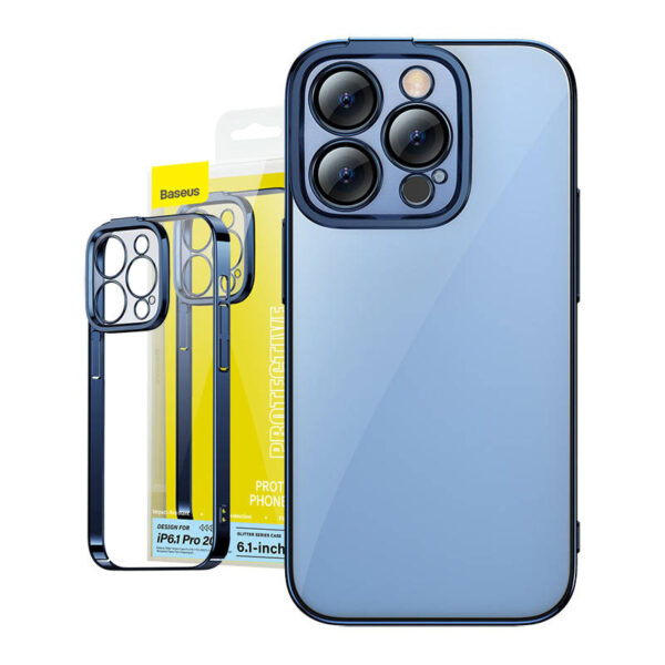 Baseus Glitteri läbipaistev kaitseümbris ja karastatud klaasi komplekt iPhone 14 Pro jaoks (sinine)