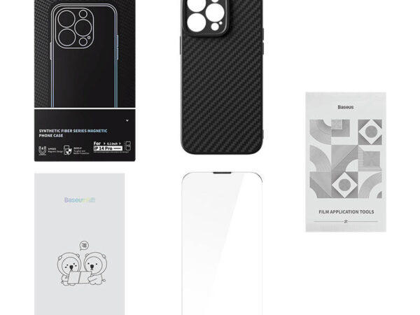Magnetiline Korpus Baseus Sünteetilise Kiudude Seeria iPhone 14 Pro (must) + karastatud klaas + puhastuskomplekt