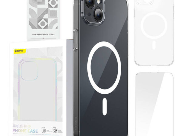 31084_1 Telefonikott Baseus Magnetic Crystal Clear iPhone 13-le (läbipaistev) koos täieliku karastatud klaasist ekraanikaitse ja puhastuskomplektiga