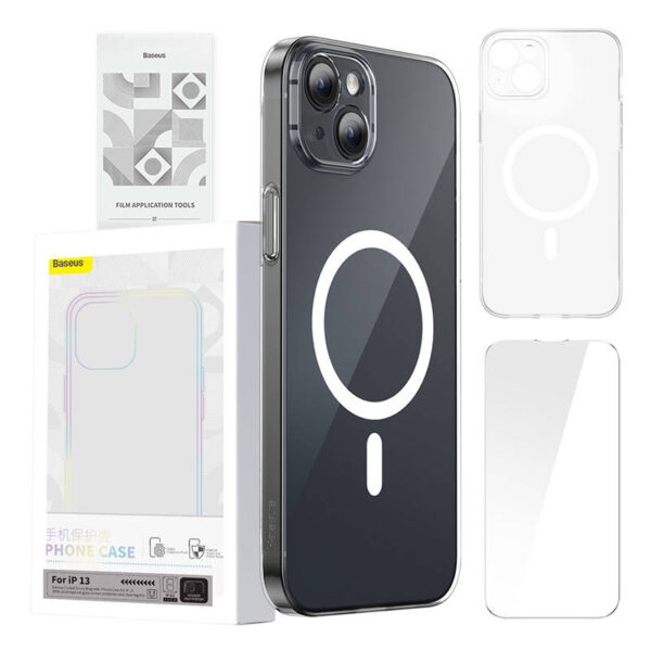 Telefonikott Baseus Magnetic Crystal Clear iPhone 13-le (läbipaistev) koos täieliku karastatud klaasist ekraanikaitse ja puhastuskomplektiga