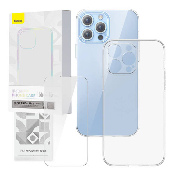 Läbipaistev kaitseümbris ja karastatud klaasi komplekt Baseus Corning iPhone 13 Pro Max jaoks