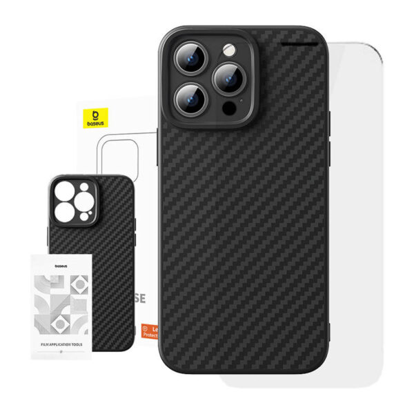 Korpus Baseus sünteetiline kiud iPhone 15 Pro + karastatud klaas