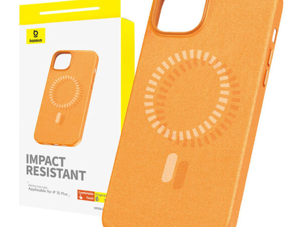 Magnetiline telefonikott iPhone 15 Plus jaoks Baseus Fauxther seeria (oranž)