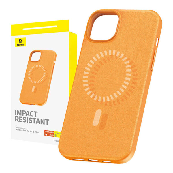 Magnetiline telefonikott iPhone 15 Plus jaoks Baseus Fauxther seeria (oranž)