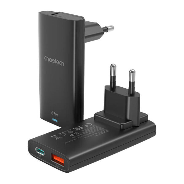 Choetech PD6011 PD65W GaN õhuke USB-A+C mini laadija (must)
