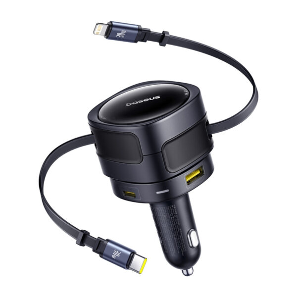 49970_1 Baseus Enjoyment Max auto laadija USB-C+Lightning kaablite ja USB-A+USB-C portidega 90W Must