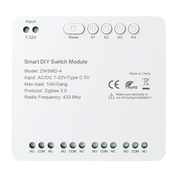 54003_1 4-kanaliline ZigBee lüliti moodul pingevaba DC 32V kontaktiga Avatto ZWSMMD-4-32V