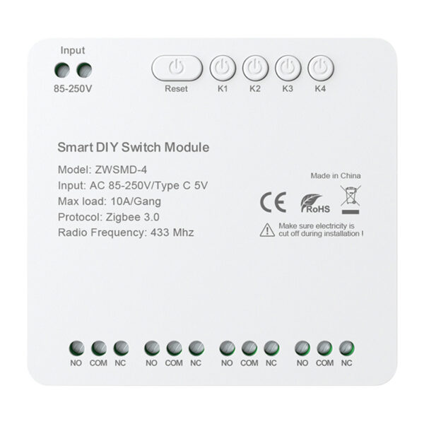 54004_1 ZigBee 4-kanaliline lüliti moodul pingevaba DC 32V kontaktiga Avatto ZWSMMD-4-250V