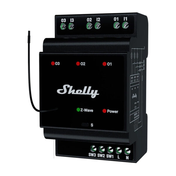 Shelly Qubino Wave Pro 3 Z-Wave 3-kanaline DIN-raudtee relee